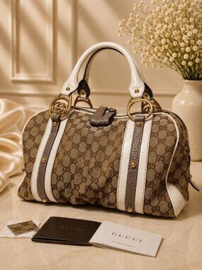 Authentic Gucci Sukey Boston Bag GG Monogram Canvas Ivory Leather Shoulder Bag